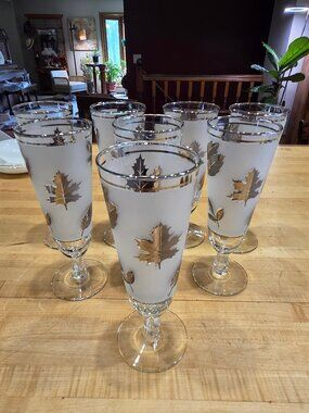 Vintage Libbey Golden Foliage Frosted Gold Leaf Pilsner Glasses Set of 8